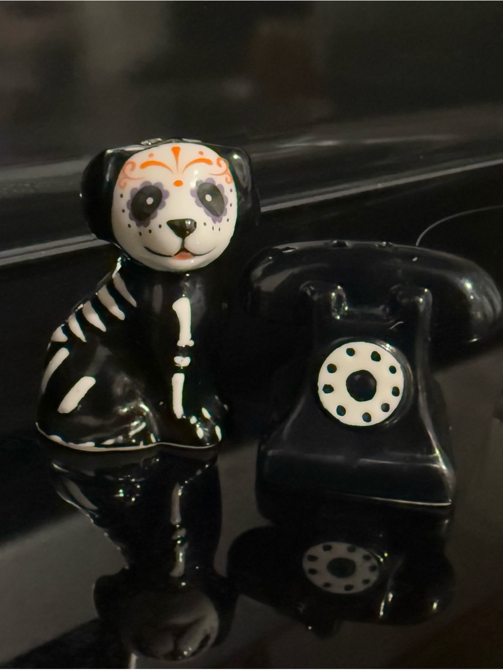 Mini Halloween Salt and Pepper Shakers- dia de Los Muertos and goth retro phone